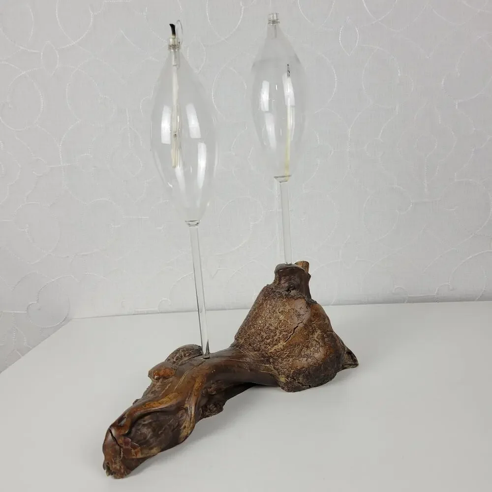 Vintage Burl Root Oil Candle Lamp Glass Lantern Wood Base Retro MCM Decor